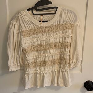 Free People Ivory Top with Beige Smocked Stripes